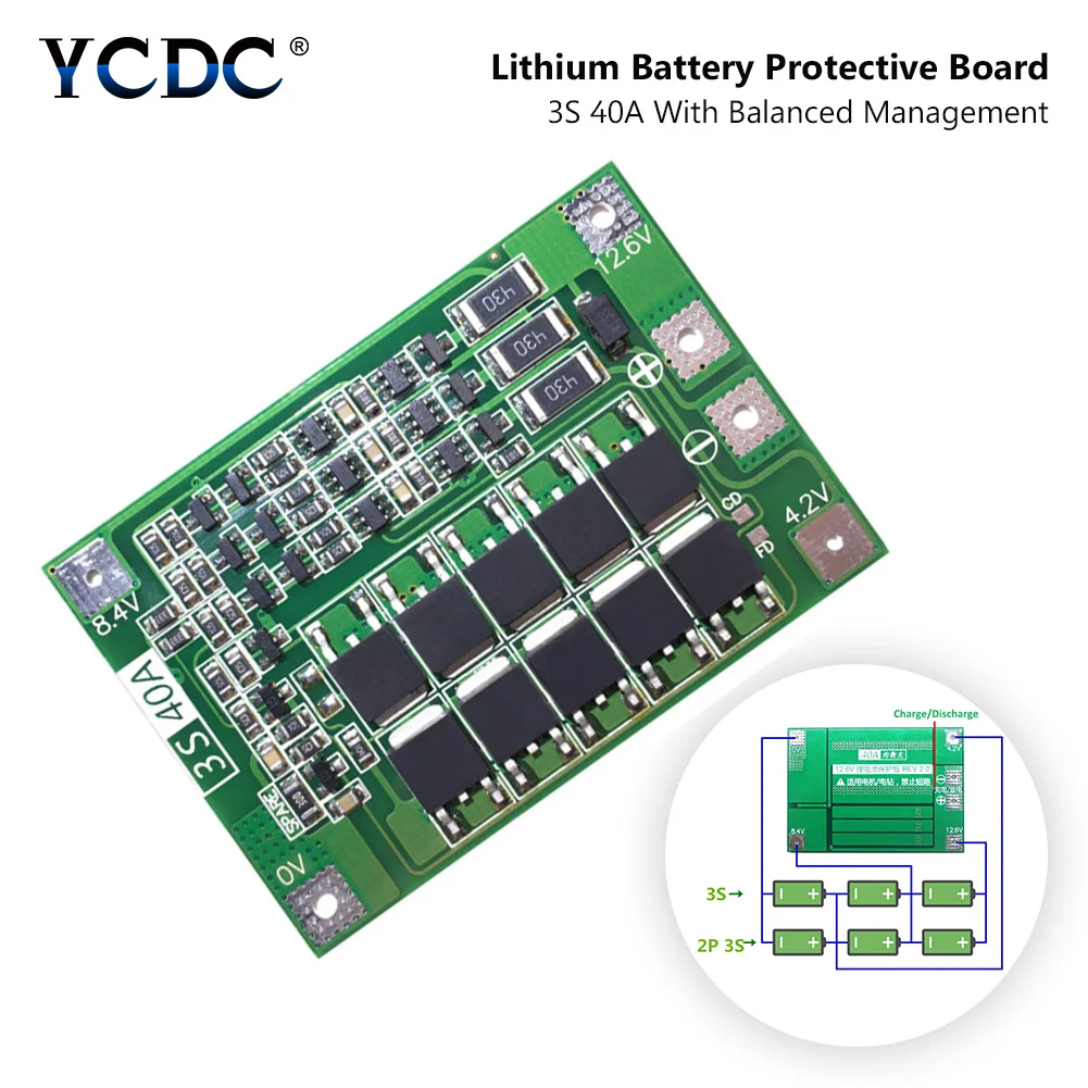 YCDC 3S 40A Li-Ion 18650 BMS PCM плата для защиты аккумулятора BMS PCM с балансом для литий-ионного Lipo аккумулятора