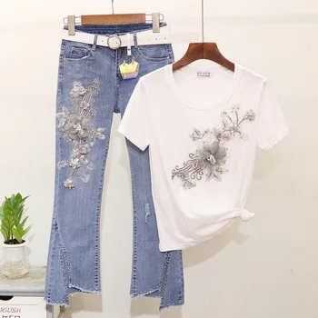 

Summer Two Piece Set Women Beading Stereo Flower Short Sleeve tshirt + Irregular Nine Points Small Flare Denim Pants Fashion Set