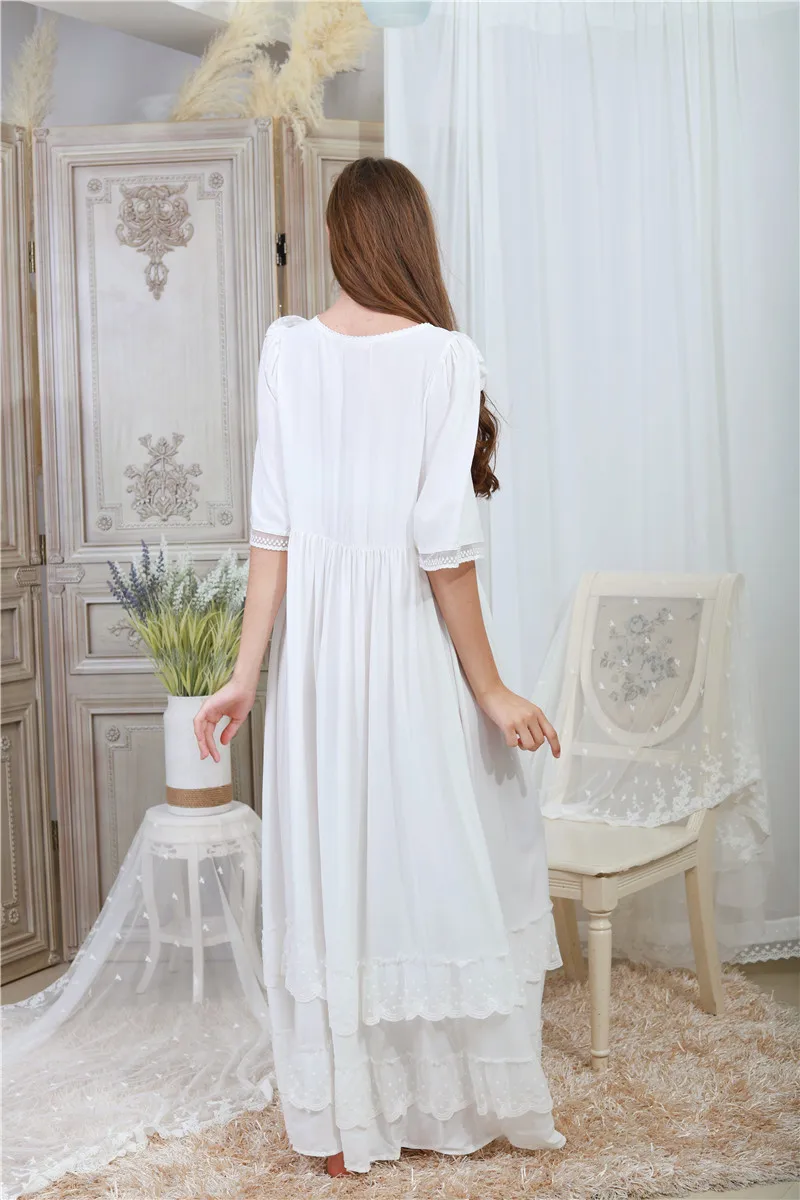 Элегантная Однотонная ночная рубашка женская ночная сорочка в викторианском стиле с рукавом до локтя, ночная рубашка с кружевными вставками и оборками размера плюс T330