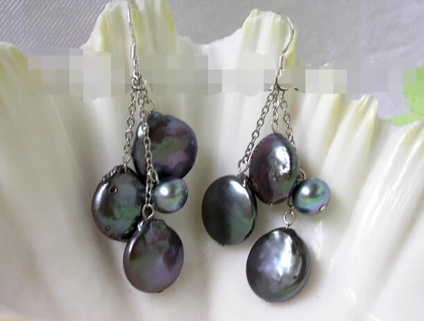 

hot sell new - free shipping 12848 black freshwater coin pearl dangle earring hook