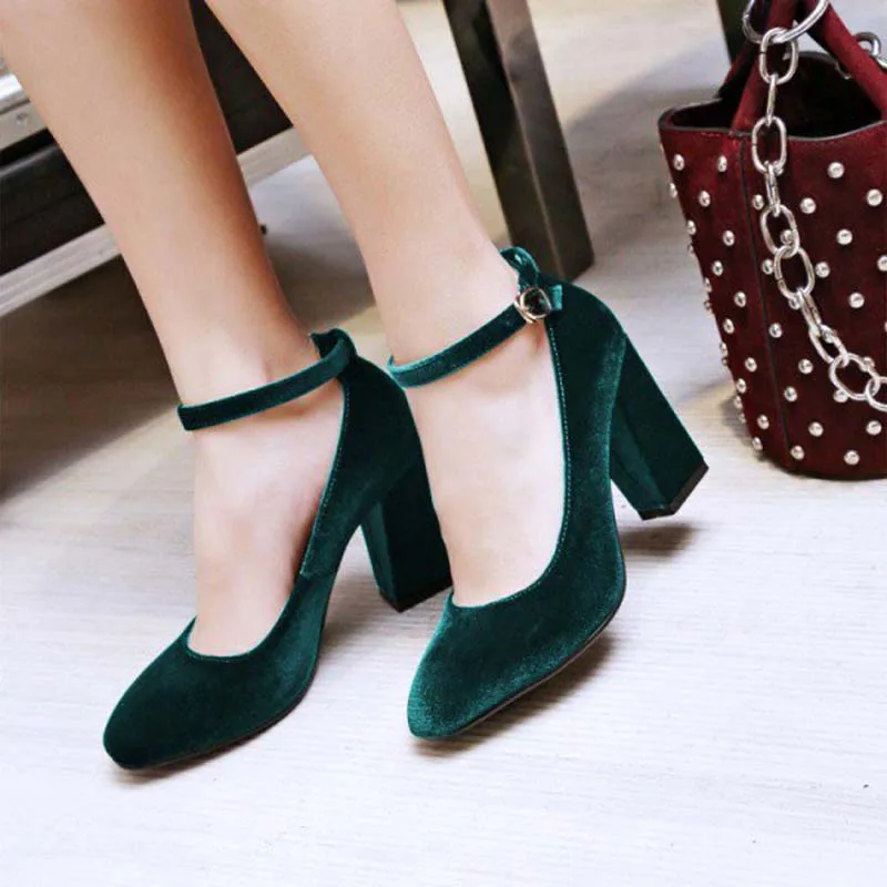 Green Suede Ankle Strap Women Pumps 