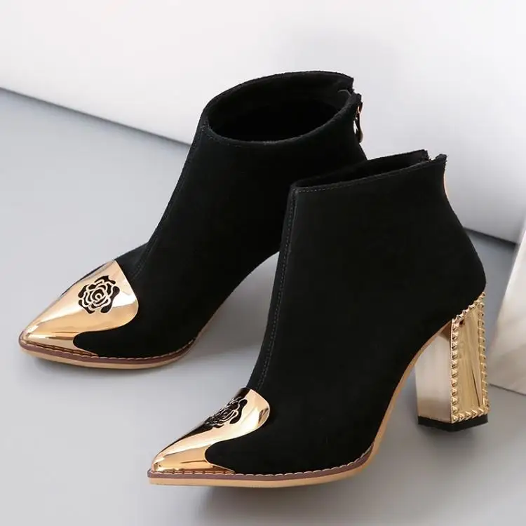 

Pointed Toe Chelsea Boots Women High Heels Autumn Winter Shoes Woman Pumps Black Suede Botas Mujer Metal Designer Ankle Botines