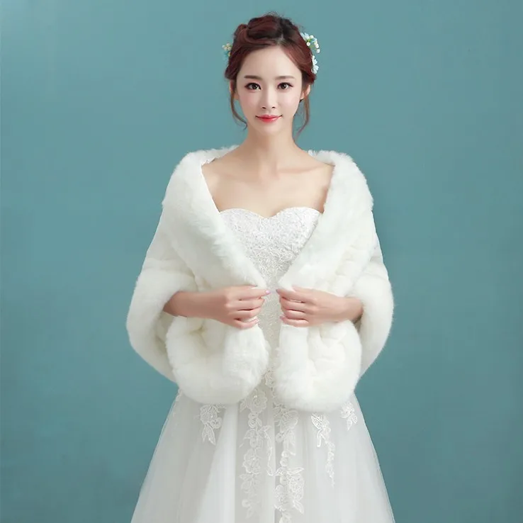 Теплые искусственный мех свадебные обёрточная бумага Зимние свадебное платье с разрезами по бокам и воротником-стойкой палантины шаль