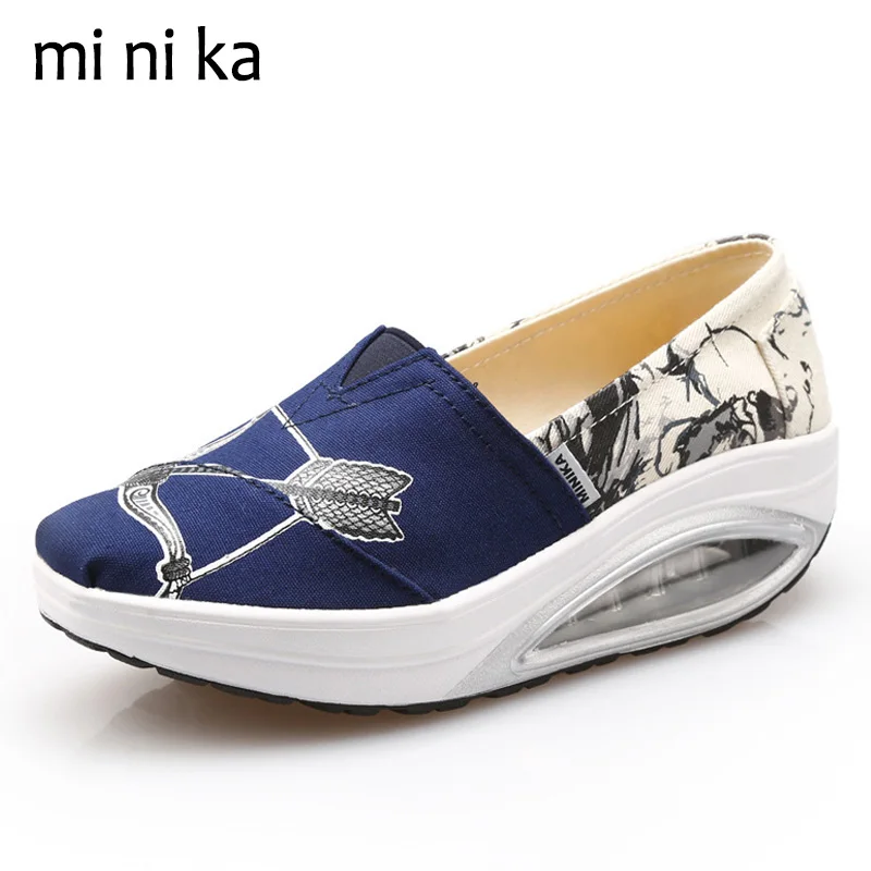 

MINIKA Canvas Women Flats Platform Bow&Arrow Women Boat Shoes Casual Slip On Female Summer Height Increasing Swing Shoes SNE-798