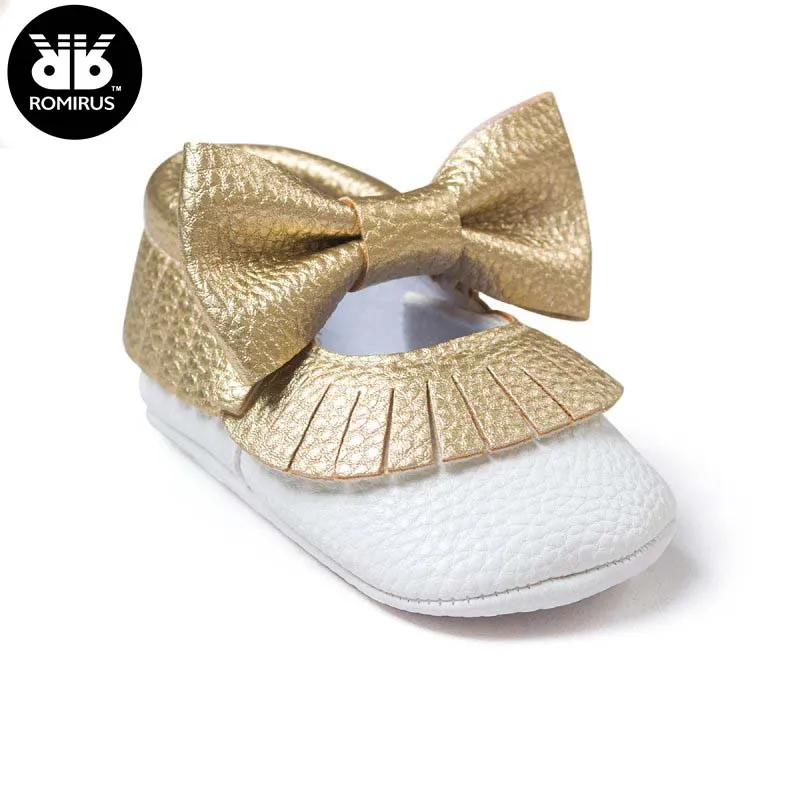 Baby Girls Mary Jane Flower Baby Shoes PU Leather Baby Moccasins Gold Bow Girls First Walker Toddler Moccs
