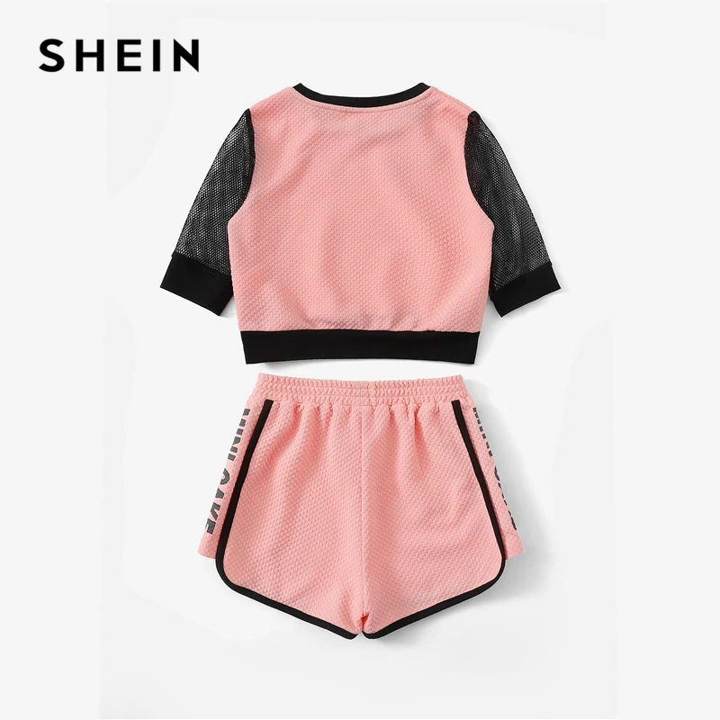 SHEIN كيدي الوردي إلكتروني طباعة العيينة شبكة كم الهراء رداء علوي (توب) مع سروال قصير الفتيات الملابس اثنين من قطعة مجموعة 2019 نشط ارتداء الملابس