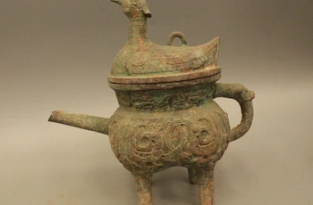 

11" Old Chinese Dynasty Palace Bronze Bird Water Wine Food portable Pot Flagon