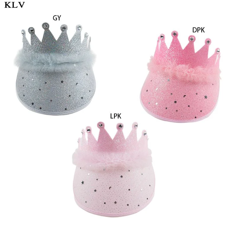 Kids Girls Summer Wide Brim Clip-On Sun Hat Mesh Lace Splicing Shimmer Sequins Tiara Crown Headband UV Protection Empty Top Cap