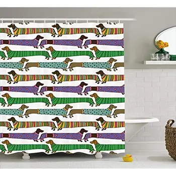 

Vixm Dog Lover Shower Curtain Cartoon Dachshunds Dressed in Pyjamas Chevron Lines Polka Dots and Hearts Fabric Bath Curtains