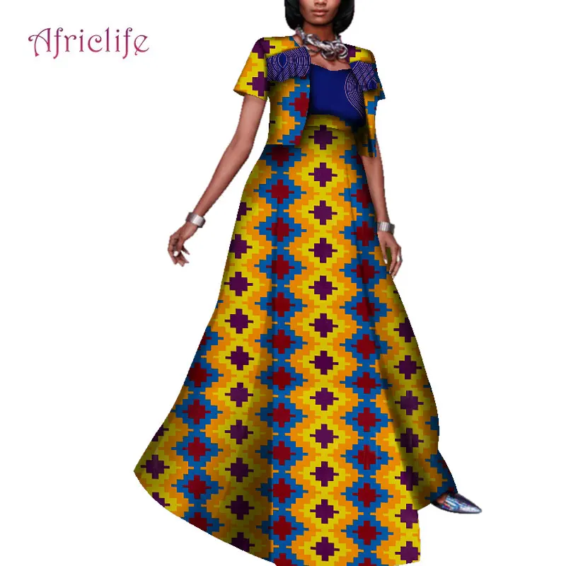 Летнее платье 2019, хлопковый комплект из 2 предметов с принтом в африканском стиле, пальто с короткими рукавами + длинная свободная юбка