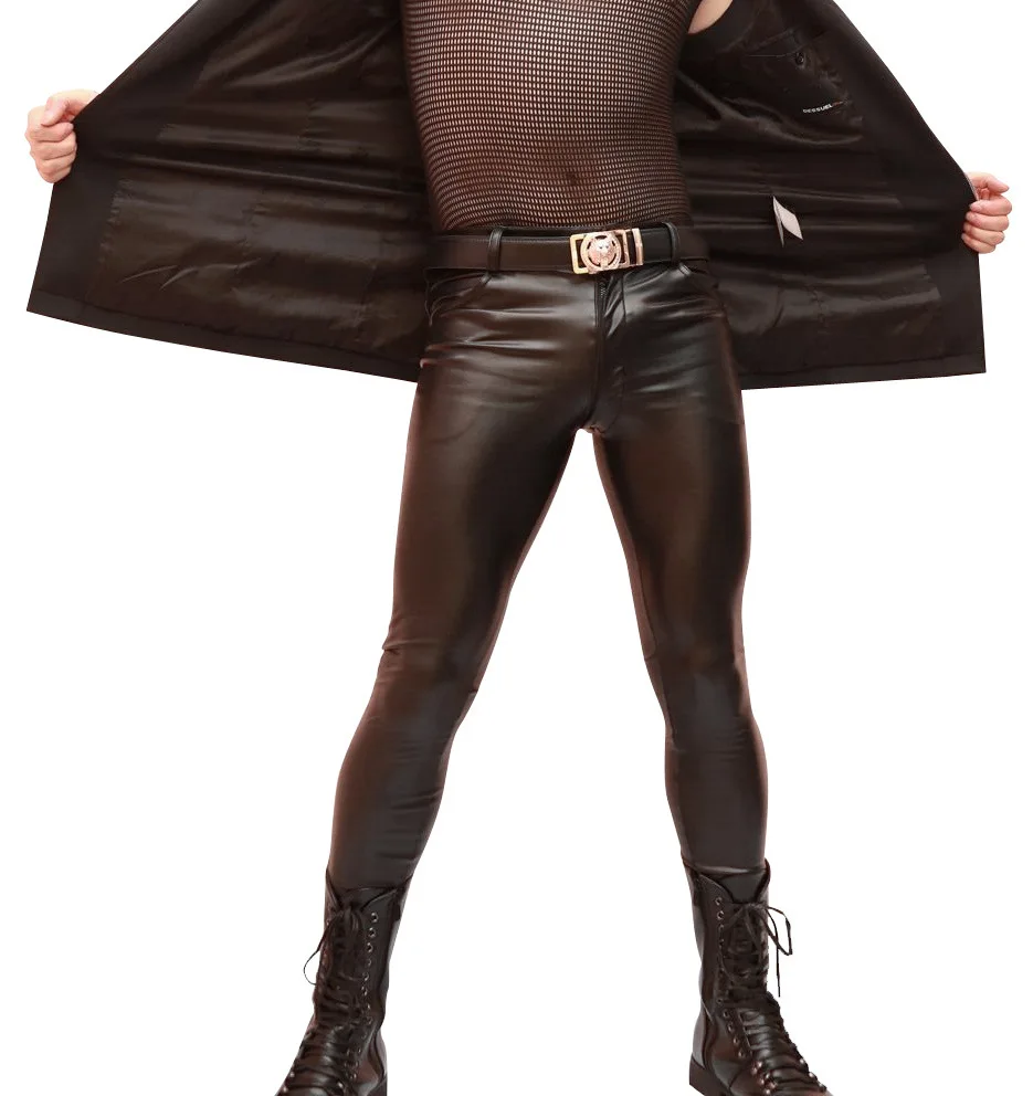 Sexy Men Long Tights leather pants Male high elastic pu imitation sheepskin locomotive boot pants leg pencil tight casual for men trousers,leather pants