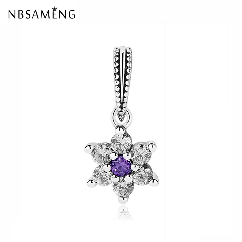 925 Sterling Silver Crystal Charms Fit Bracelets Beads Forget Me Not Pendant Charm Purple CZ Women DIY Jewelry Making | Украшения и