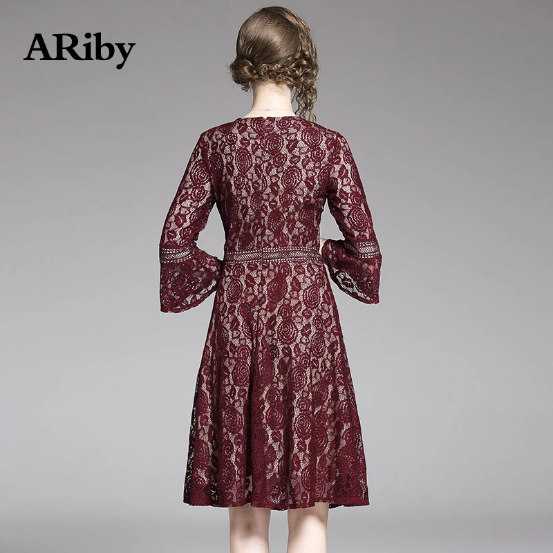 Women Dress 2019 Summer Fashion Office Lady Vintage Dress Solid Lace Hollow Out Three Quarter Flare Sleeves O-Neck A-Line Dress Women Dress 2019 Summer Fashion Office Lady Vintage Dress Solid Lace Hollow Out Three Quarter Flare Sleeves O-Neck A-Line Dress