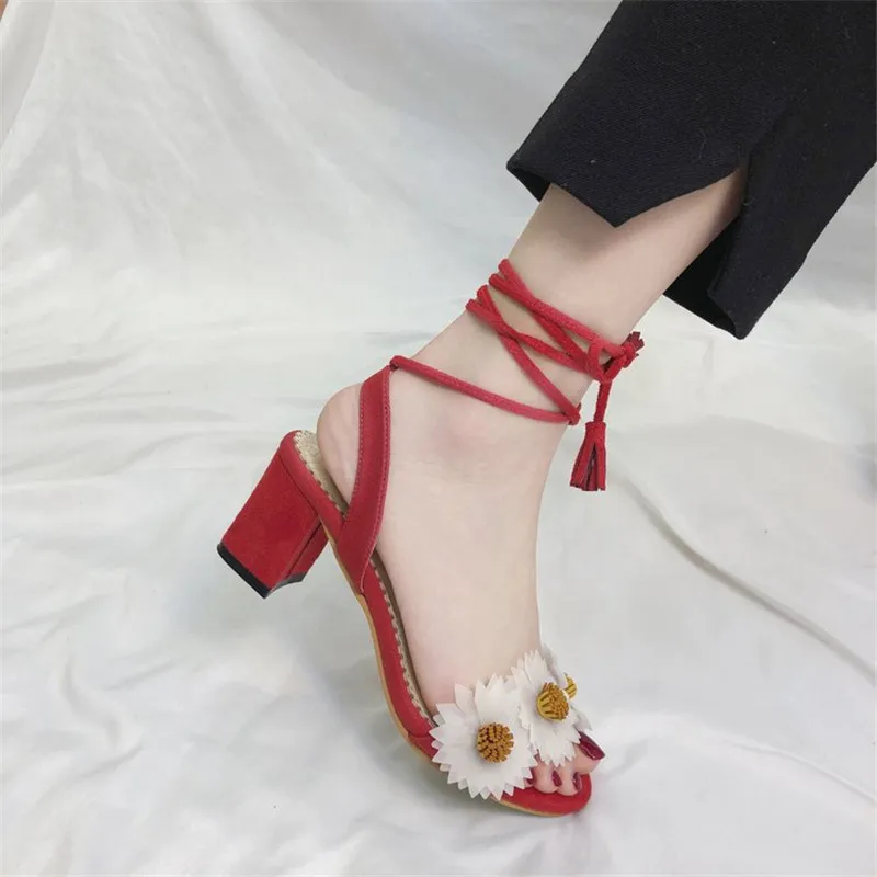 

Women Sandals Summer Lace-Up Fashion High Heels Peep Toe Shoes Female Square Heel Ladies Sandals