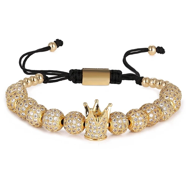 Top Quality Luxury Jewelry 3pcs/Set Bracelet Hip Hop Gold Jewelry Cubic Micro Pave CZ Crown Bead Bracelets For Men Women Gift - Metal Color: Style 3-Gold