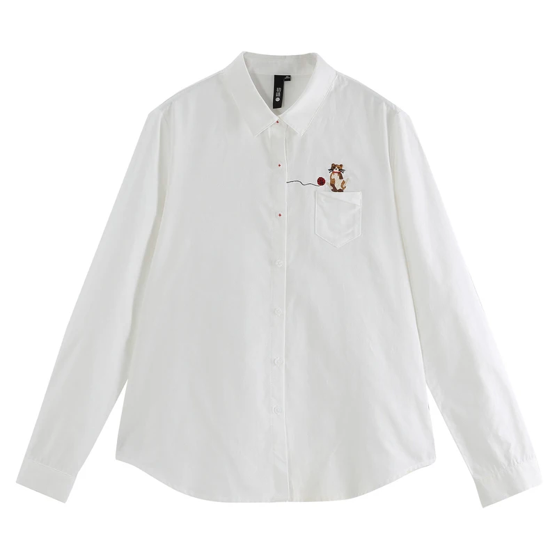 Toyouth, весна, женская блузка, повседневная, с вышивкой логотипа кота, длинный рукав, отложной воротник, рубашка, Женские винтажные белые блузки - Цвет: white
