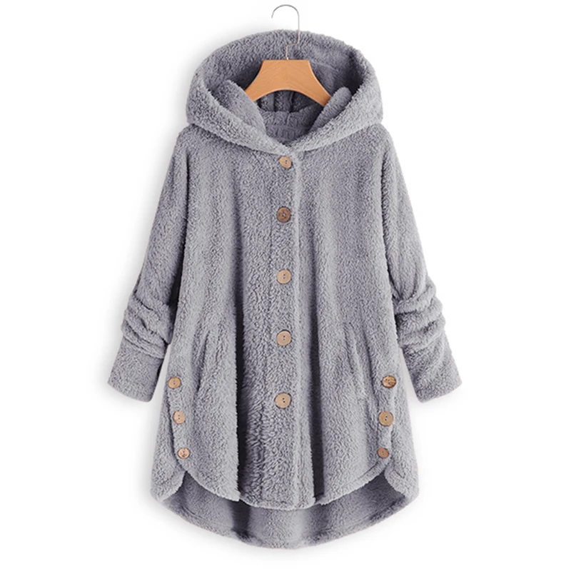 Пальто размера плюс с длинным рукавом Женские куртки из искусственного меха зимние женские теплые мягкие с капюшоном пуговицы для верхней одежды пуховое женское плюшевое Пальто 5XL - Цвет: Серый