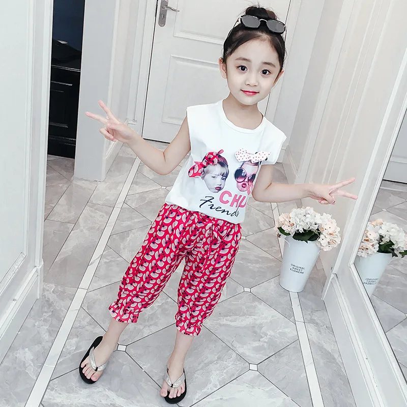 

Girls Clothing Sets Summer Sleeveless T-shirt+printed Shorts Pants Outfit Kids Clothing 2pcs Children Girl Clothes