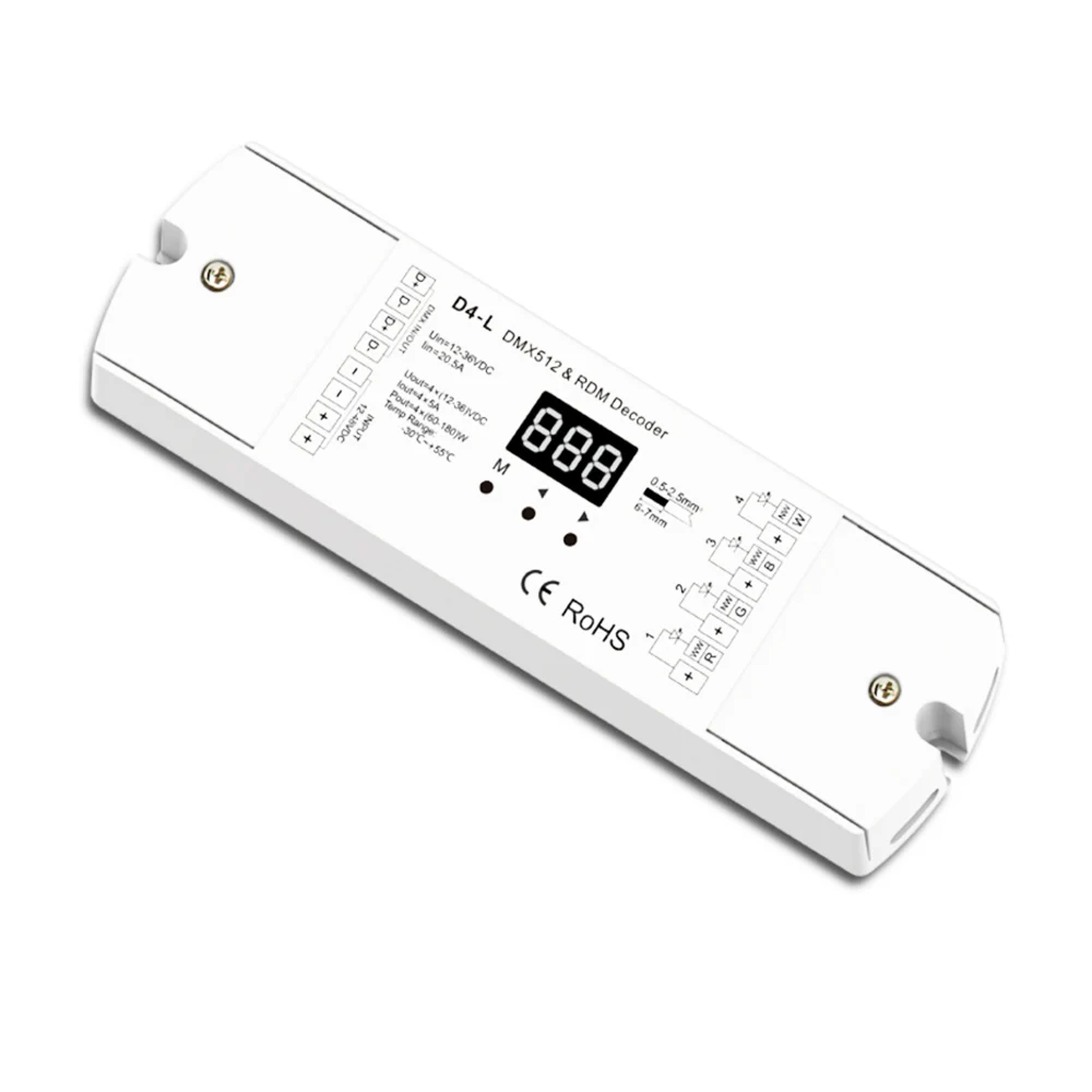 

D4C-L 4 Channel CC DMX512 Decoder Constant Current;DC12-48V input;150-1800mA 4CH output with display for setting dmx address