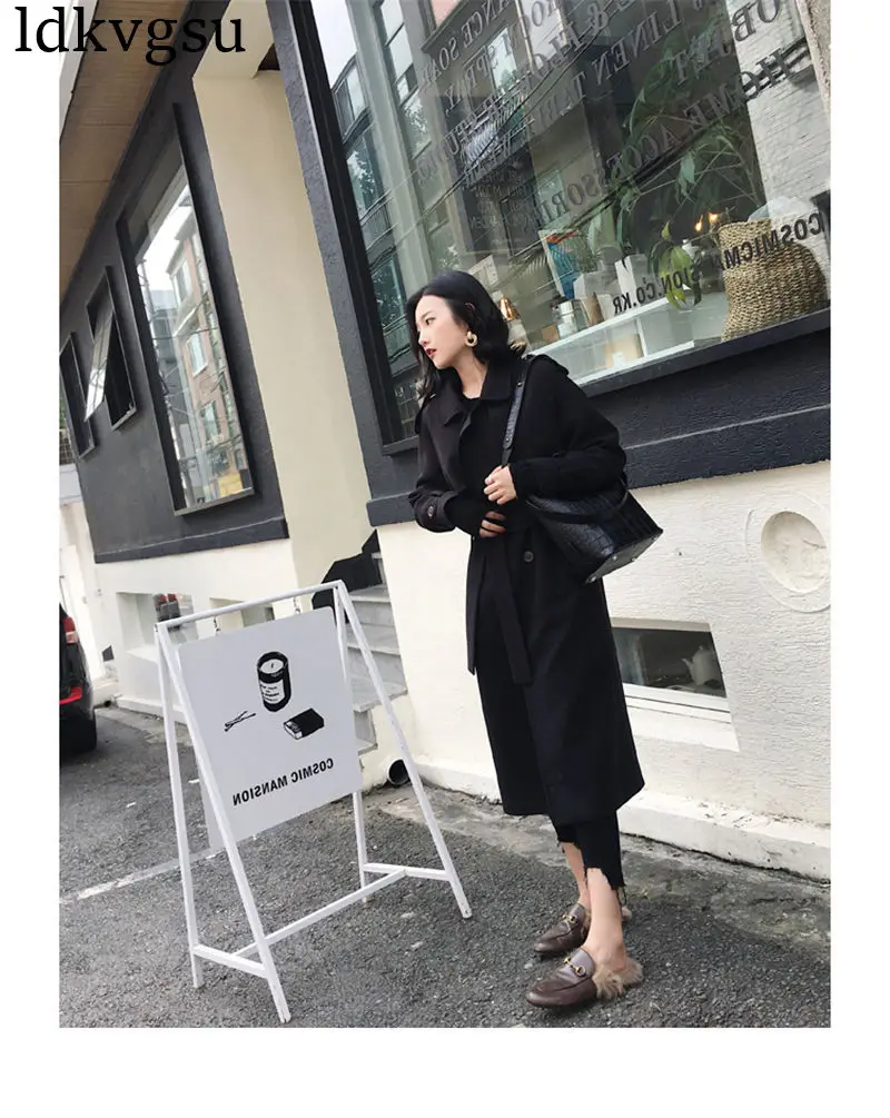 2019 Новая Черная ветровка женская весна осень длинный отрезок двубортный галстук шикарный Тренч пальто для женщин верхняя одежда V241