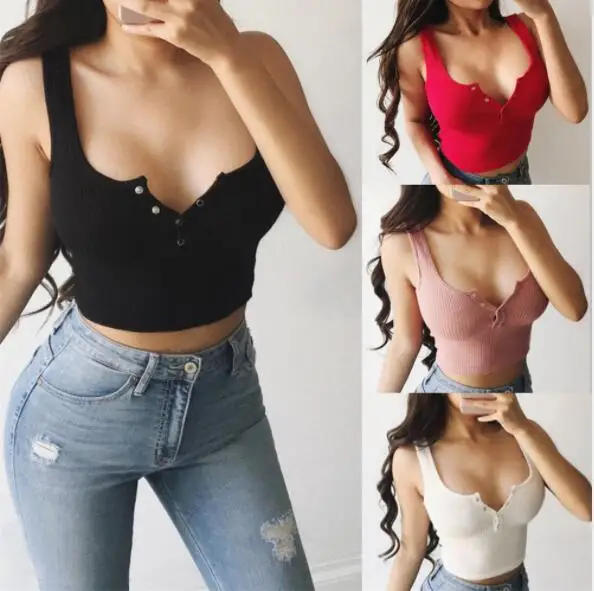 

Women Square Neck Lace Up Button Cropped Camis Summer Tops Girls Knitted Sleeveless Sexy Tee shirts Tank Crop Top Female