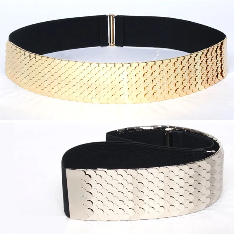 Fashion metal Wide Elastic Black Belt Women Gold silver Belt Metal Fish