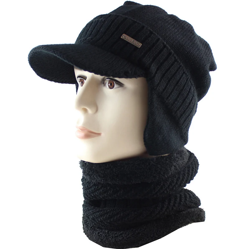 Wool Cable Knit Beanie with Visor Earflaps Men's Winter Hat Caps Skullies For Women Warm Outdoor Sports Fleece Fur Ski Scarf Set - Цвет: Black Set