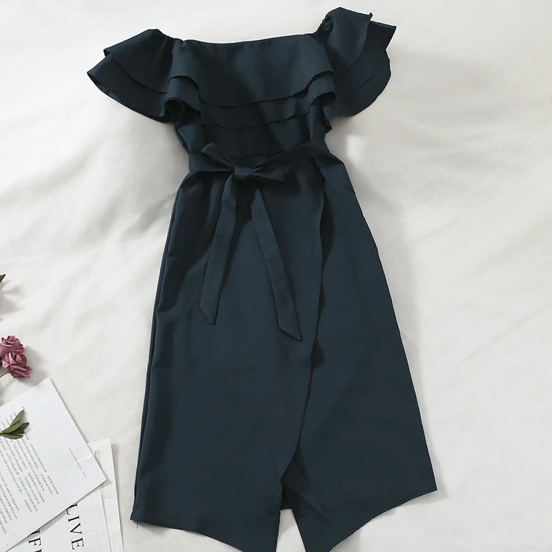 

2019 Women Spring Summer Slash Neck Sleeveless Off Shoulder Dress Casual Lace Up Bandage Pullover Slim High Waist Ruffles Dress