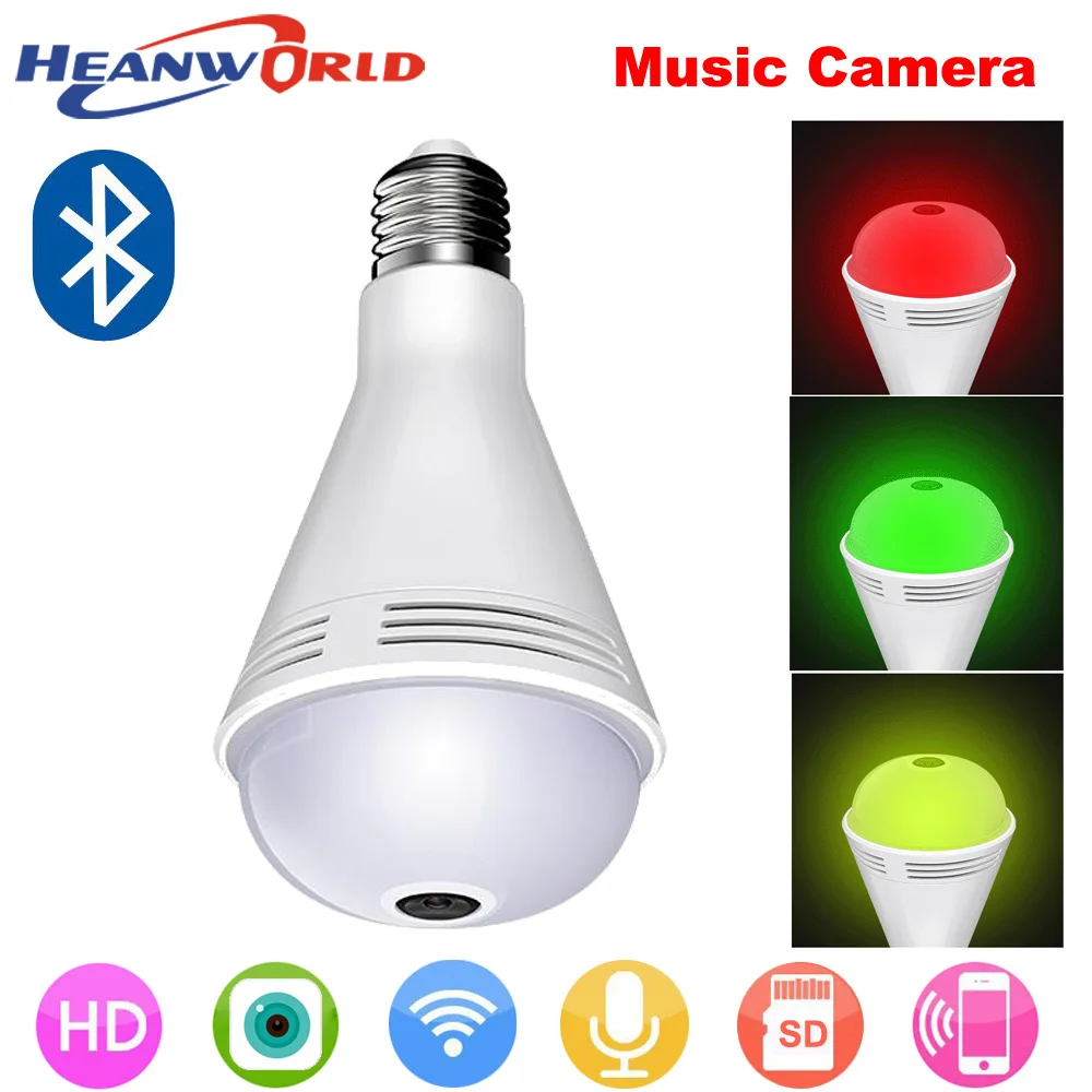 

Heanworld wireless music camera colorful 1.3MP wifi camera 960P 4pcs RGB led two way audio 360VR bulb home security camera