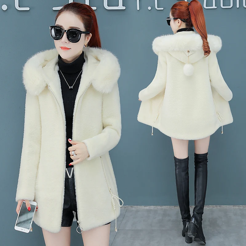 

Elegant Solid Imitation Mink Velvet Coat Loose Pockets Hooded Coat and Jacket Fashion Warm Long Women Coats Autumn Winter A462