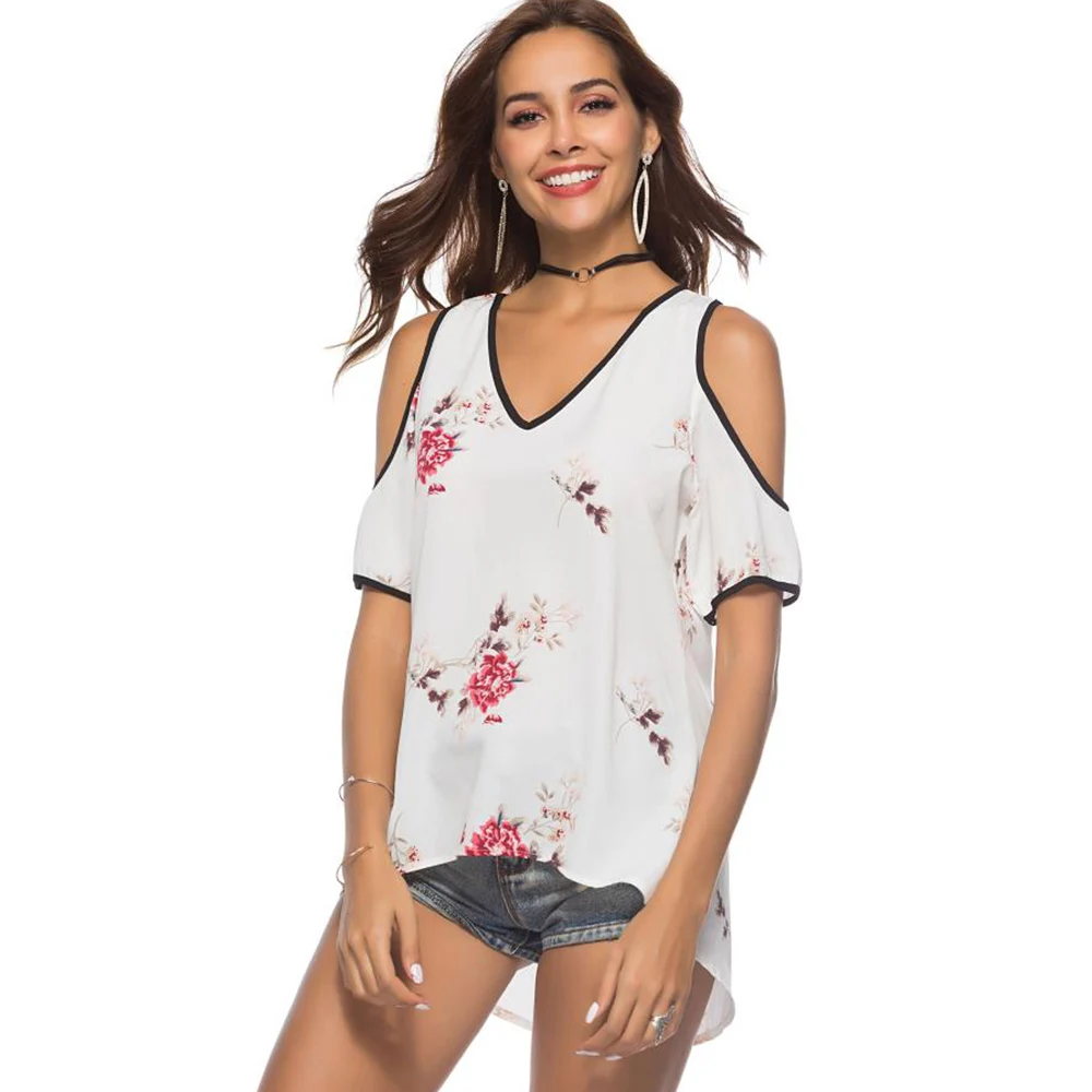 Women casual white t shirt floral print v neck half sleeve off shoulder loose short front long
