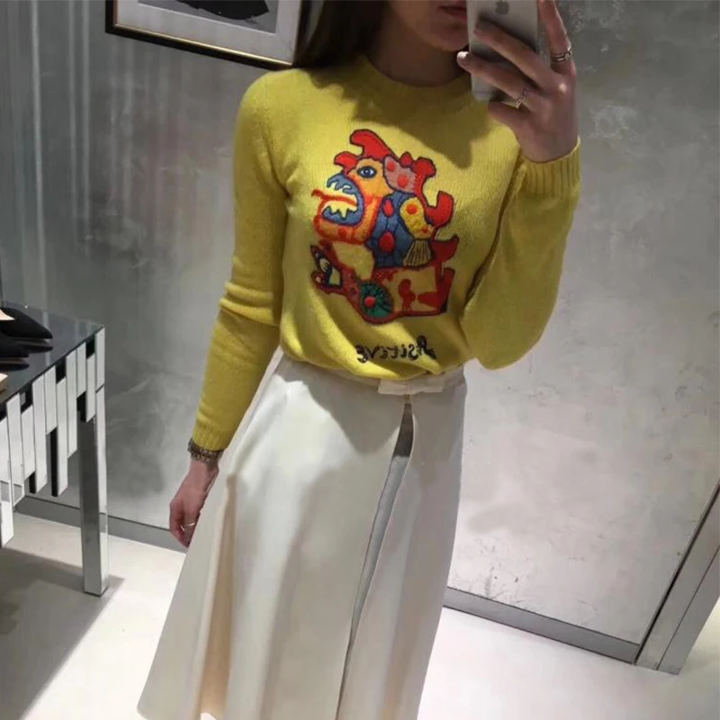 Chaud Femmes Dessinée Tricoté Nouvelle Automne Occasionnel Mince Marque De Coton Broderie Animaux Printemps Élégant Chandail Chandails Bande Pulls Sq8xc4f