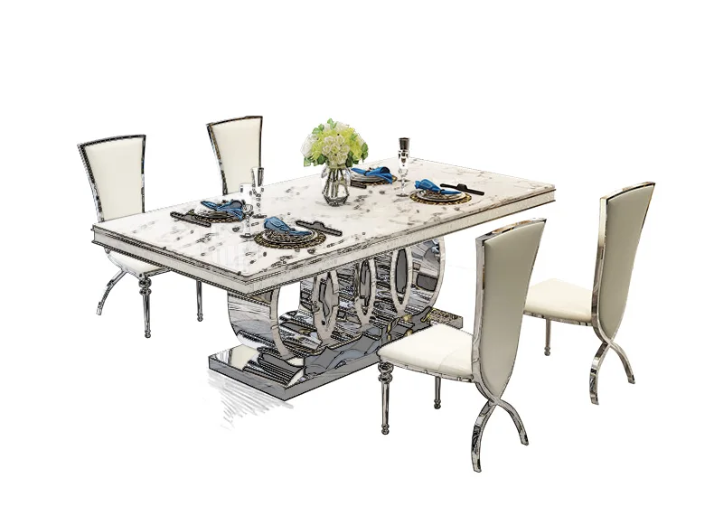 Дизайнерский уникальный новый набор столовой из нержавеющей стали с мраморным столом и 6 кожаными стульями mesa обеденный стол muebles comedor