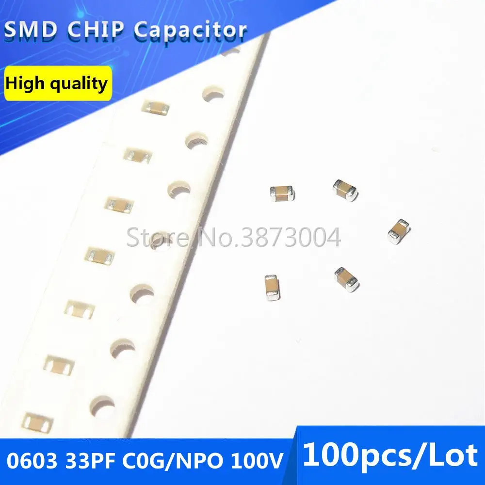 

100pcs 0603 33PF C0G/NPO 100V 5% SMD Chip Capacitor