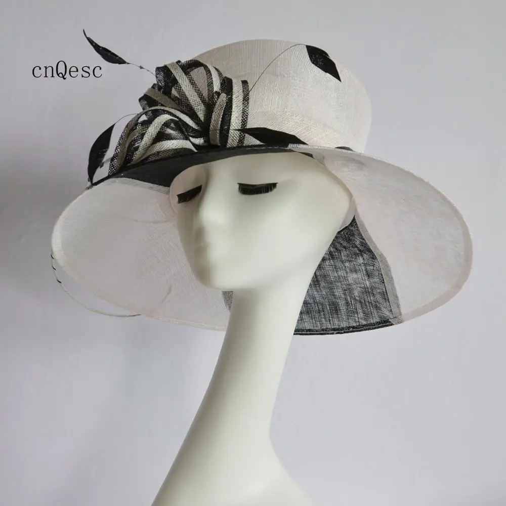 

2019 White black sinamay hat Dress hat church hat for wedding bridal shower mother of the bride w/feathers