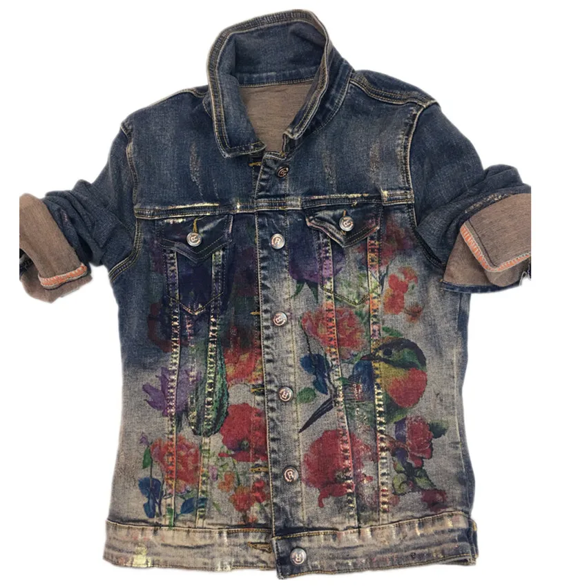 Размера плюс 2XL! с цветочным принтом джинсовая куртка картина модное однобортное пальто на Для женщин отложной воротник Тонкий джинсовая куртка