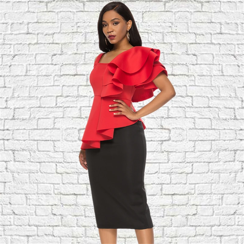 black skirt and red top