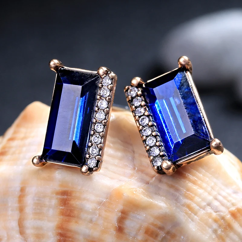 

Noble Geometric Silver Color Stud Earrings Crystal Blue Glass For OL Earrings New Arrival Fashion Jewelry Accessories In Box