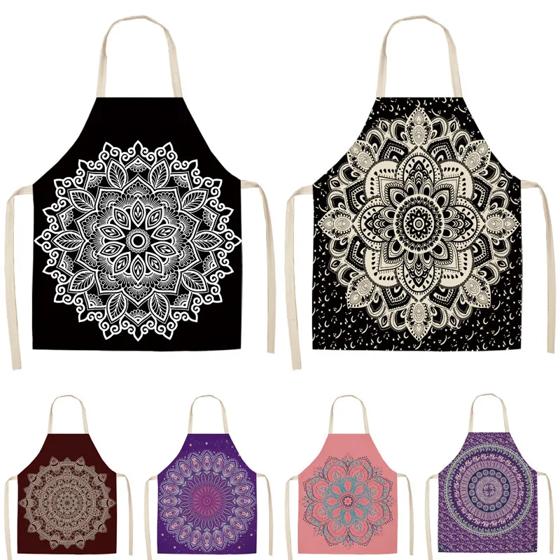 

1Pcs Mandala Printed Kitchen Apron for Woman Home Cooking Baking Coffee Shop Cleaning Accessory Cotton Linen Bibs 53*65cm G1036