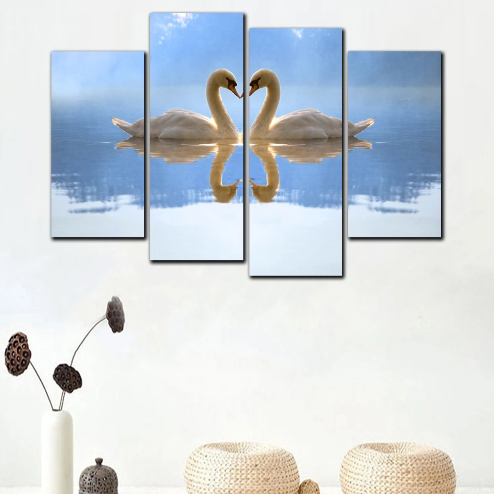 

Abstract New HD Prints Modern 4 Panel Set Blue White Swan Oil Painting On Canvas Home Wall Art Picture For Living Room Decor