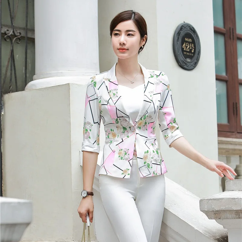 

2019 Summer Formal Elegant Women's Blazers Ladies Print Blazers Women Jackets Half Sleeve Female Clothes Office Uniform Style OL