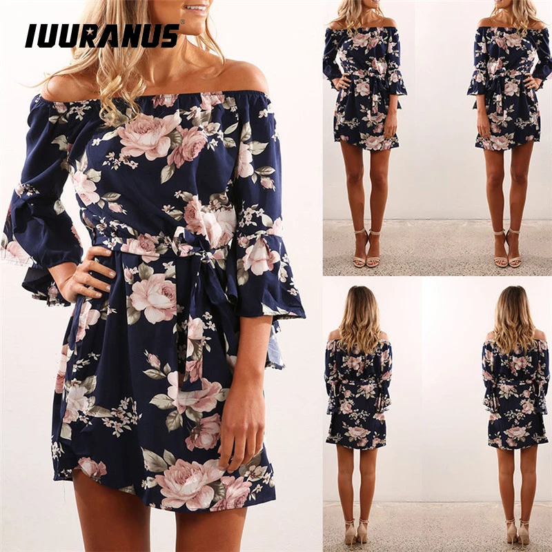 

IUURANUS Women Dress 2019 Summer Sexy Off Shoulder Floral Print Chiffon Dress Boho Style Short Party Beach Dresses