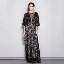 Black Lace Celebrities Gowns Sexy Maxi Dress Exquisite Women Evening Party Gown Back Deep V-neck Abiti Da Cerimonia Da Sera