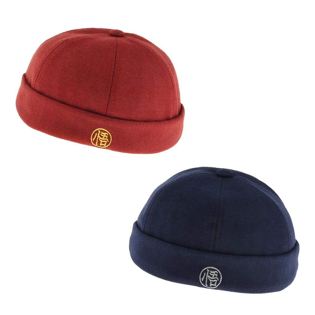 2 Pieces Mens Retro Docker Hat Wool Felt Brimless Beanie Cap Adjustable Navy Blue Red