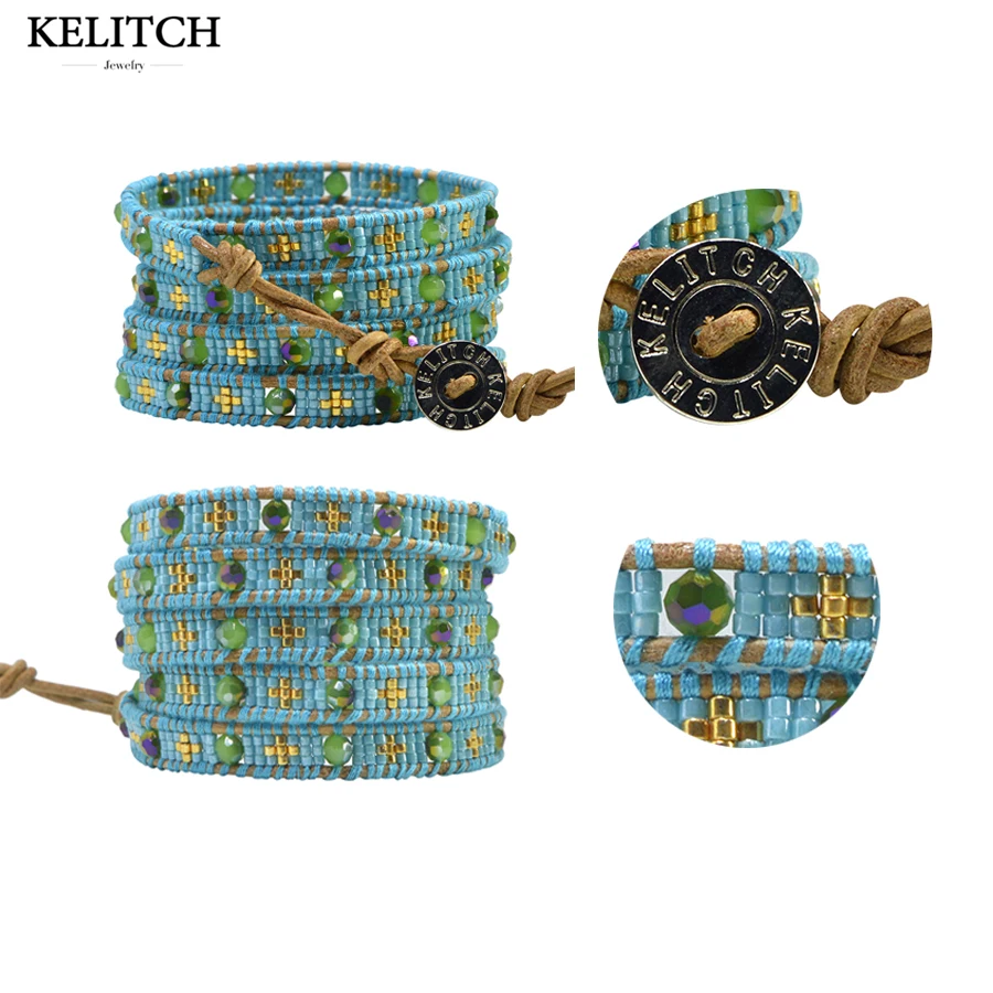 

KELITCH bracelets Jewelry Crystal Seed Beads bracelets Leather Wrap Beach Bracelet with Box Packs Drop Shipping Customized Style