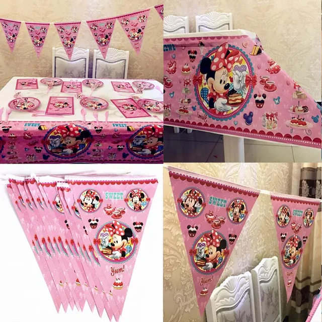 Minnie Mouse Tablecloths And Banner Flags Disposable Tableware Sets