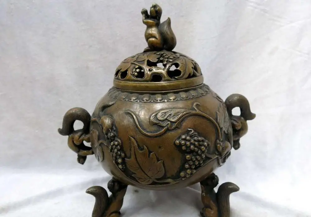 

8" China copper brass fine Sculpture squirrel grape censer incense burner Statue