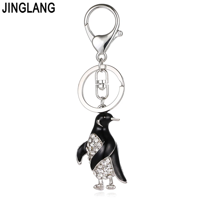 

JINGLANG Silver Color Lobster Clasp Keyring Crystal 3D Enamel Penguin Animal Charms Keychains For Women Handbag Jewelry