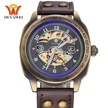 OUYAWEI Steampunk Watch Automatic Men Antique Design Retro Bronze Leather Band Self-Wind Waterproof Skeleton Vintage Watch