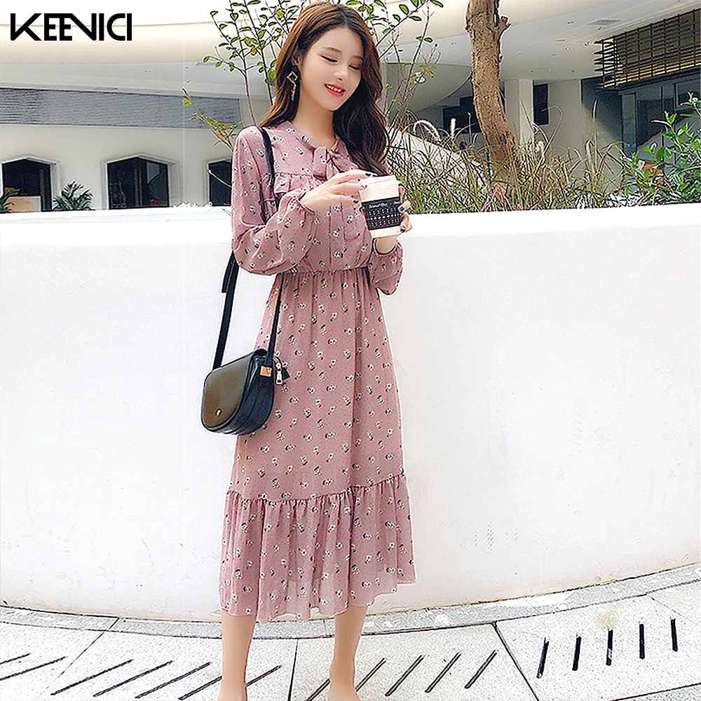 

Elegant Ruffles Floral Print Chiffon Dress Women 2019 Spring Elastic Waist A-line Bow Collar Female Mid-length Dress Vestidos